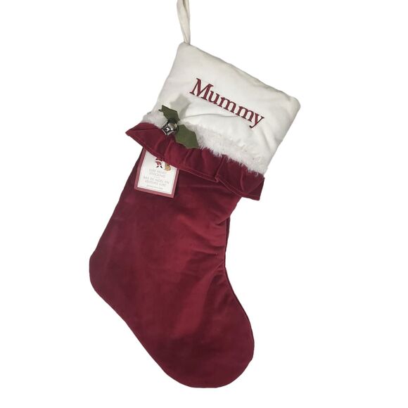 NWT POTTERY BARN VELVET RED STOCKING MUMMY EMBROIDERED LINED HOLLY CHRISTMAS UK - Picture 1 of 8